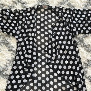 Lula Roe black and white polka dot kimono with black fringe